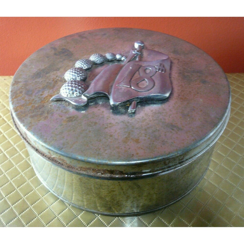 Vintage Golf Pewter Emblem 8" Sewing Tin / Trinket Box